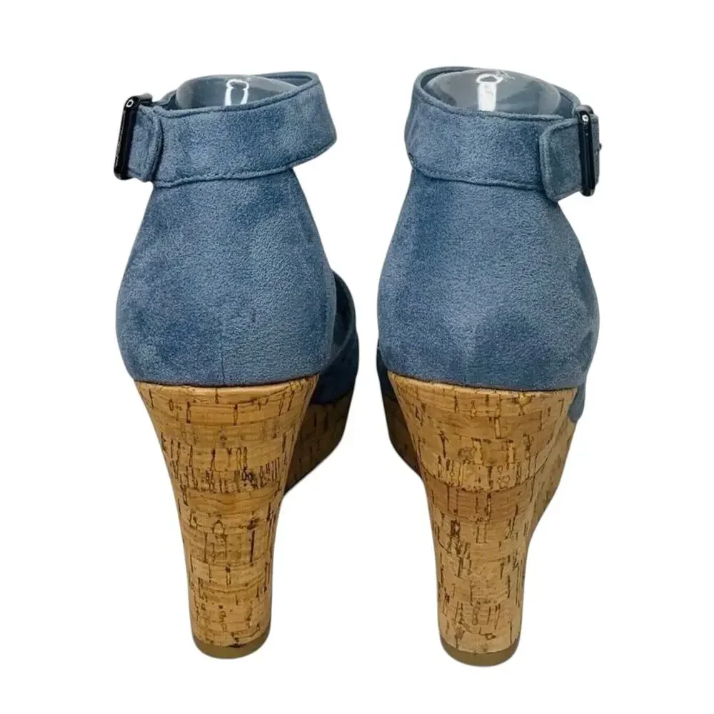 Marc Fisher Batini Faux Suede Wedge Heel Sandals Blue Womens‎ Size 9